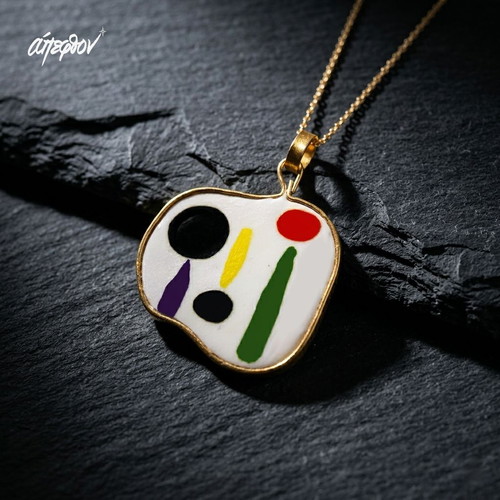 Joan Miro Necklace 1950 Lithograph, Handmade, Multicolor, Gold-tone