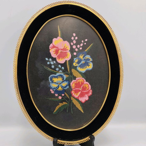 Vintage handmade tapestry used with wooden frame and glass