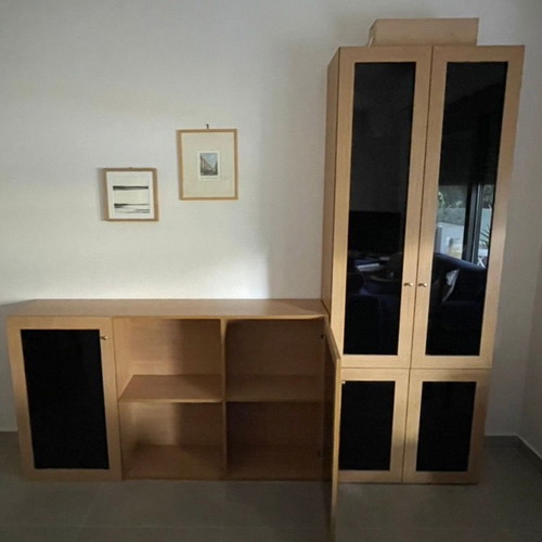 Bookshelf set new, light oak with black glossy cabinets