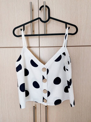 Stradivarius top white with blue polka dots like new