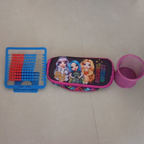Abacus, pencil case and pen holder set used