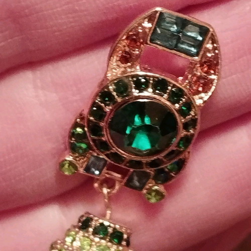 Dangling earrings like new, gold plated with artificial nephrite or stone