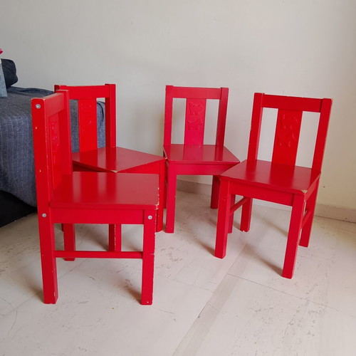 IKEA KRITTER children's chairs set of 4 used, red wood