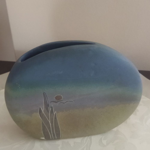 Vintage ceramic vase with handmade landscape, signed KEA