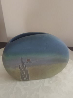 Vintage ceramic vase with handmade landscape, signed KEA
