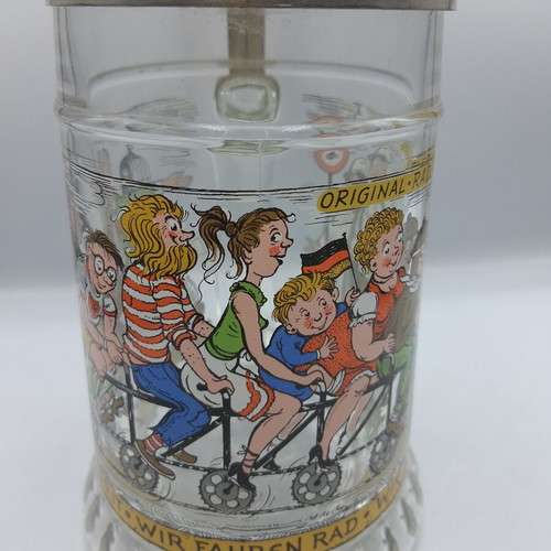 Vintage German Glass Beer Stein with Bicycle Bell Lid BMF Radlerseidel