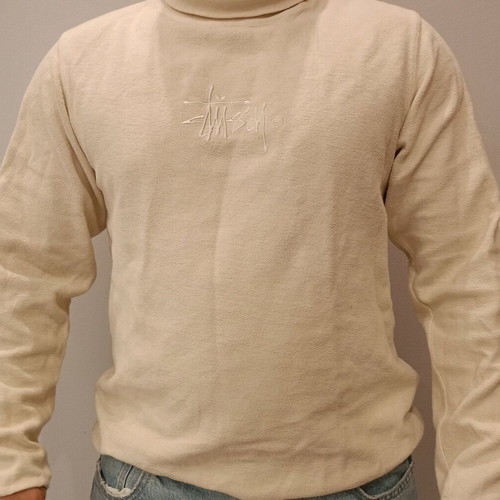 Unisex Stüssy cream mock neck sweatshirt used with embroidered logo