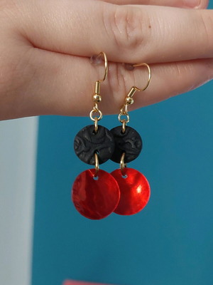 Steel earrings new with mother of pearl and clay, black and red