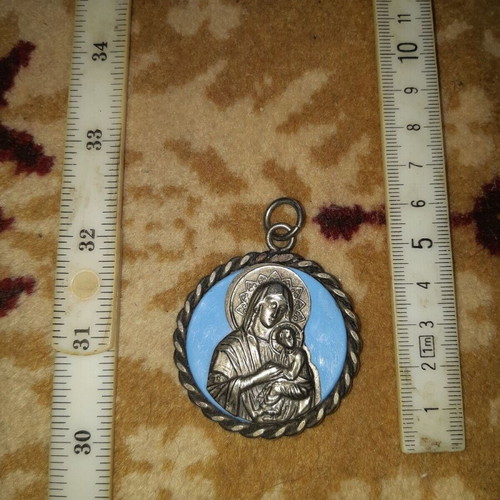 Metal hanging pendant Panagia Parthenos with baby Jesus used