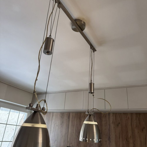 Double Inox Pendant Light like new, modern industrial design