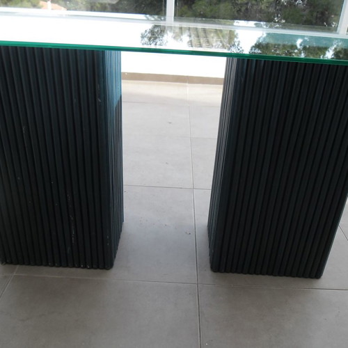 Console table used with 2 blue/navy bases and glass top