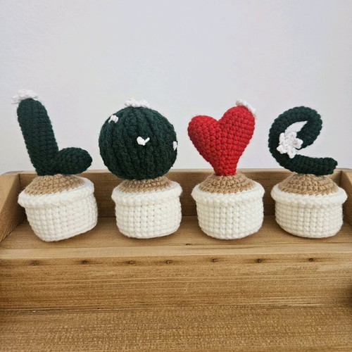 Crochet cactus LOVE like new, in pot