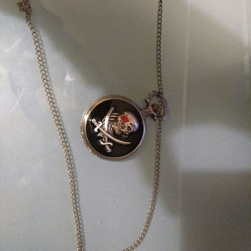 Vintage Black Pirate Skull Quartz Pocket Watch with Chain