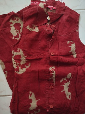 Linen bell-bottom pants and vest set used, red, slim fit