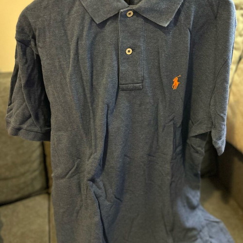 Men's Ralph Lauren polo shirt short sleeve blue with orange logo like new, size M