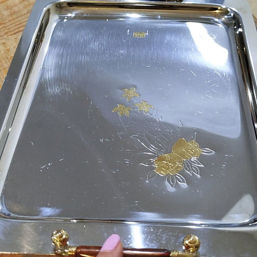 Vintage inox serving tray with 24 karat gold details like new