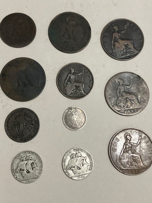 Lot of 11 European coins used, silver and copper 1835-1945