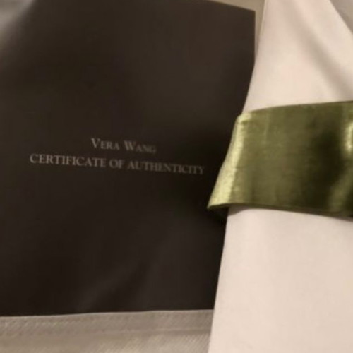 Vera Wang wedding dress used, silk, strapless, size 10 with green ribbon