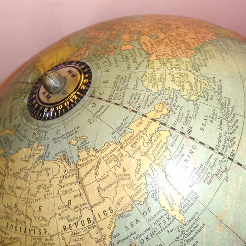 Vintage Atlas Globe on Large Metal Base, Used, 1970s