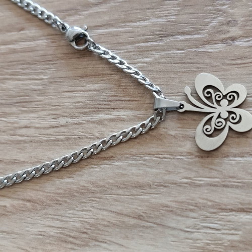 Stainless steel necklace with butterfly pendant, like new, 44 cm