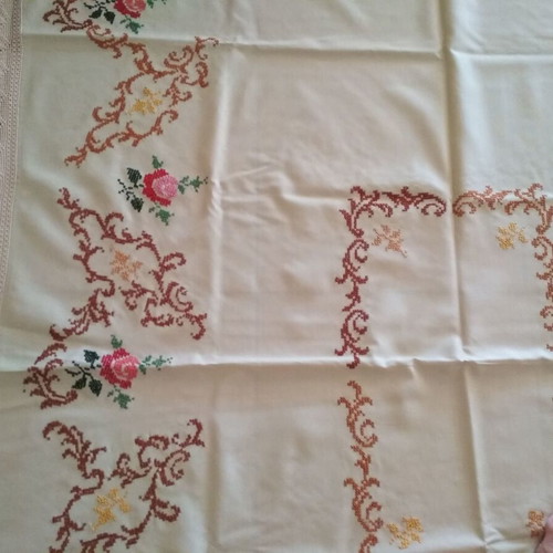 Embroidered handmade tablecloth used, beige with rose design
