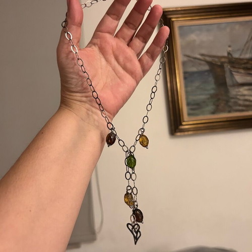 Sterling silver chain necklace with multicolour beads and heart charms like new