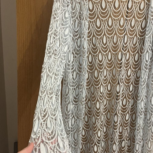 White lace maxi kimono cardigan like new, size M/L, turquoise accents