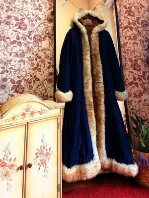 Statement Vintage Maxi Afghan Coat used, royal blue suede with fur