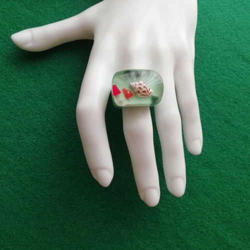 Blown glass ring with shell in transparent green color new
