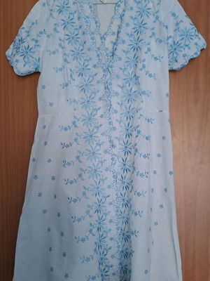 Nightdress and matching robe set, blue, cotton embroidered