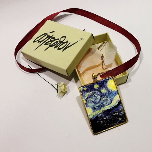 Van Gogh Starry Night necklace made to order, gold-plated steel and cold porcelain