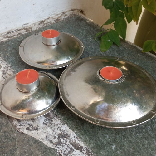 Metal candlesticks set used, 3 pieces, Indian style