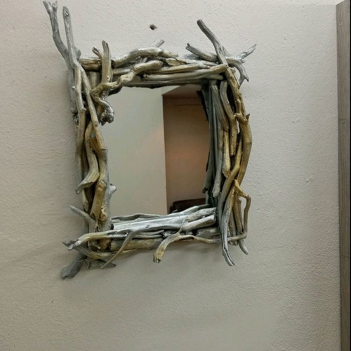 Handmade mirror new with driftwood in silver and gold
