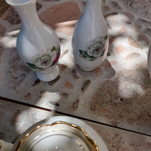 Porcelain tea set collectible with gold details and small vases like new