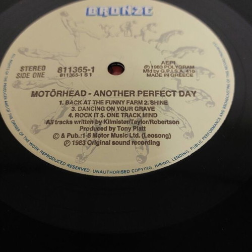 Motorhead Another Perfect Day LP like new, Greek copy 1983