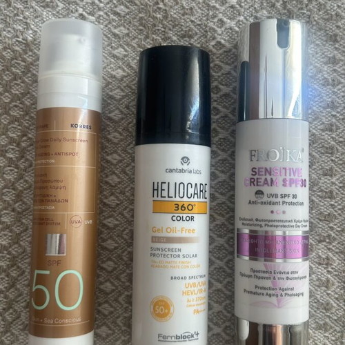 Heliocare, Korres, Froika sunscreen set used