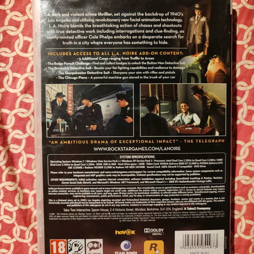 L.A. Noire PC used, missing inner case for second DVD