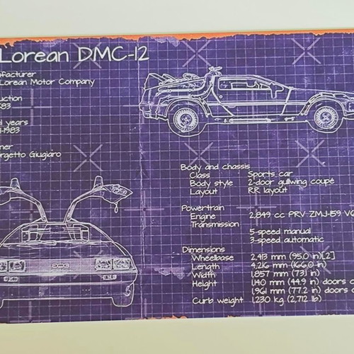 DeLorean DMC-12 blueprint metal sign like new