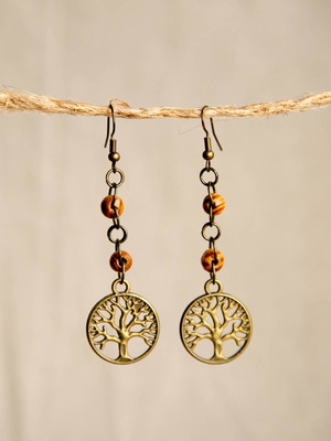 Handmade wooden earrings with bronze ring and tree of life bead new