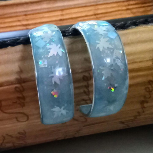Handmade blue earrings with iridescent leaves new