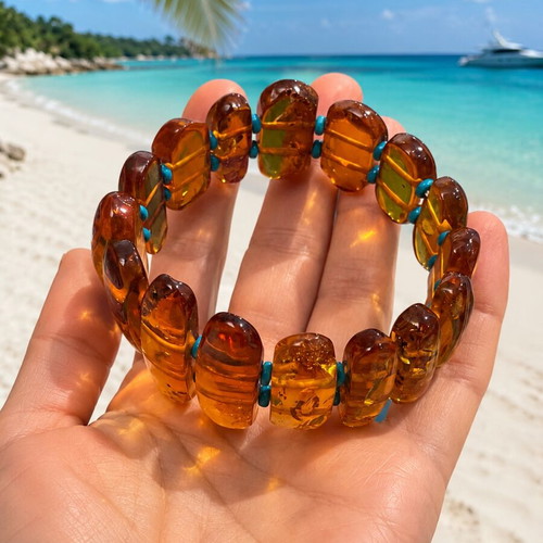 Large Amber Bracelet with Turquoise, Natural Baltic Amber