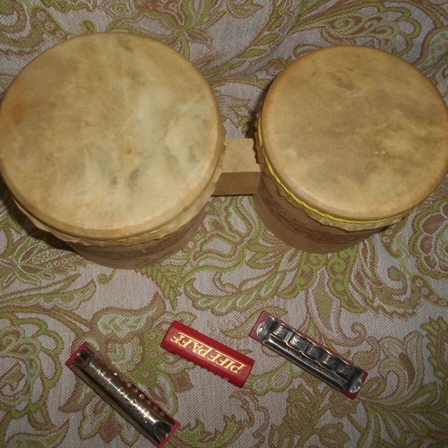 Wooden double tambourine used, diameters 16 and 13 cm with 3 unused Czechoslovak harmonicas from 1950s