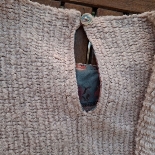 Karavan knitted dress with floral ruffle, dusty pink and petrol