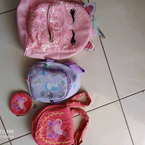 3 bags and a wallet together, girl-themed