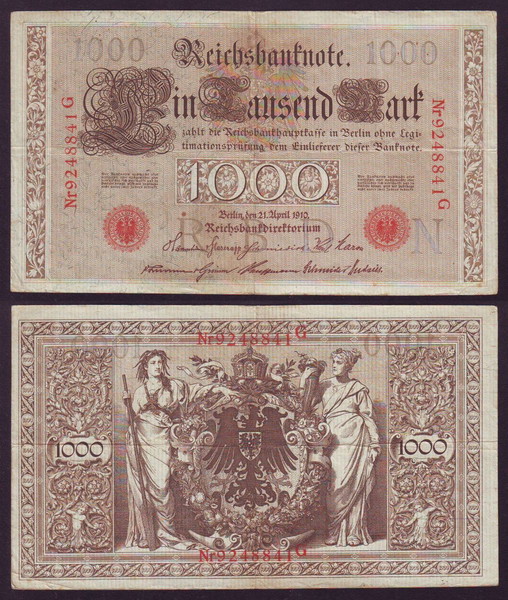 Γερμανία   GERMANY 1000 MARK BANKNOTE 1910  Με κόκκινες  σφραγίδες (2ХК0,08ю068)
