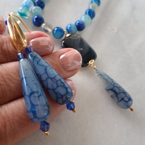 Handmade set with blue agates and steel clasps like new