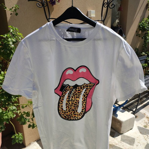 Short-sleeve t-shirt with Rolling Stones tongue print leopard, new, one size