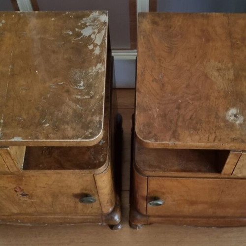 Vintage Art Deco nightstands used, walnut veneer, set of two