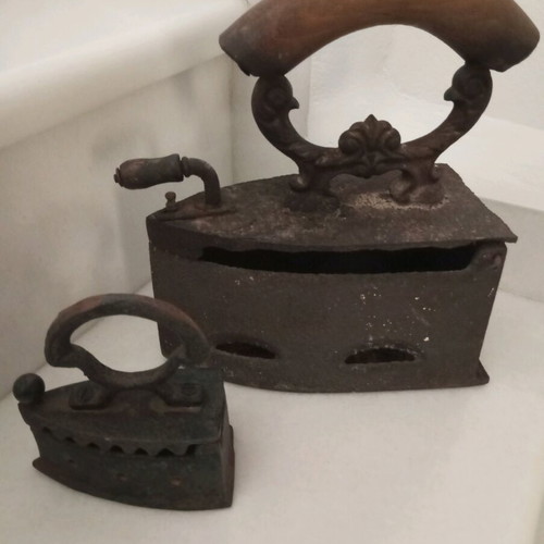 Old charcoal irons used, set of two, cast iron