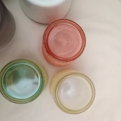 Glass candle holders used, set of 6, various colors with glitter